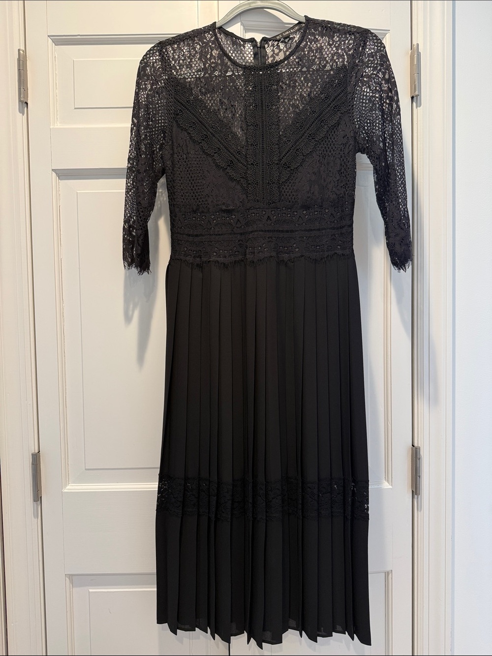 Zara Black Lace Pleated Midi Dress with Sheer Bodice